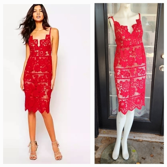 For‎ Love And Lemons Gianna Midi Dress In Red Lace - Picture 1 of 3